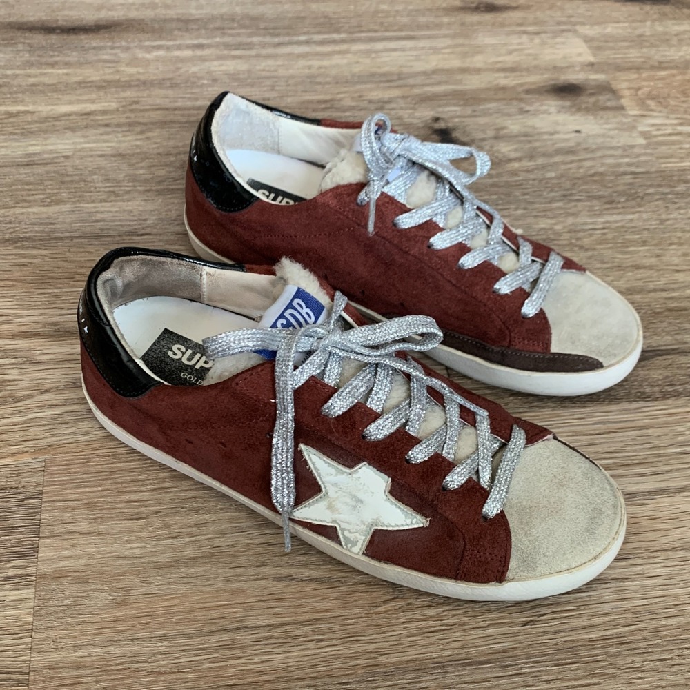 golden goose Women's Superstar Shearling Low Top Sneakers in burgundy - size 37